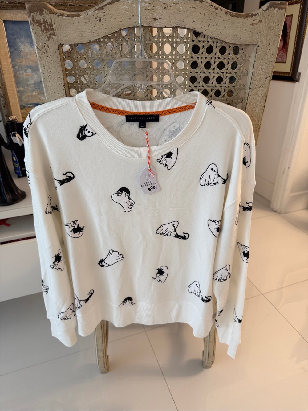 Jane & Delancey Halloween White & Black Ghost & Black Cats  Crewneck Sweatshirt